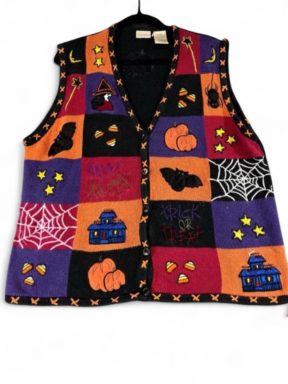 Vintage 90s Bobbie Brooks Halloween Patchwork Sweater Vest Black Orange Purple